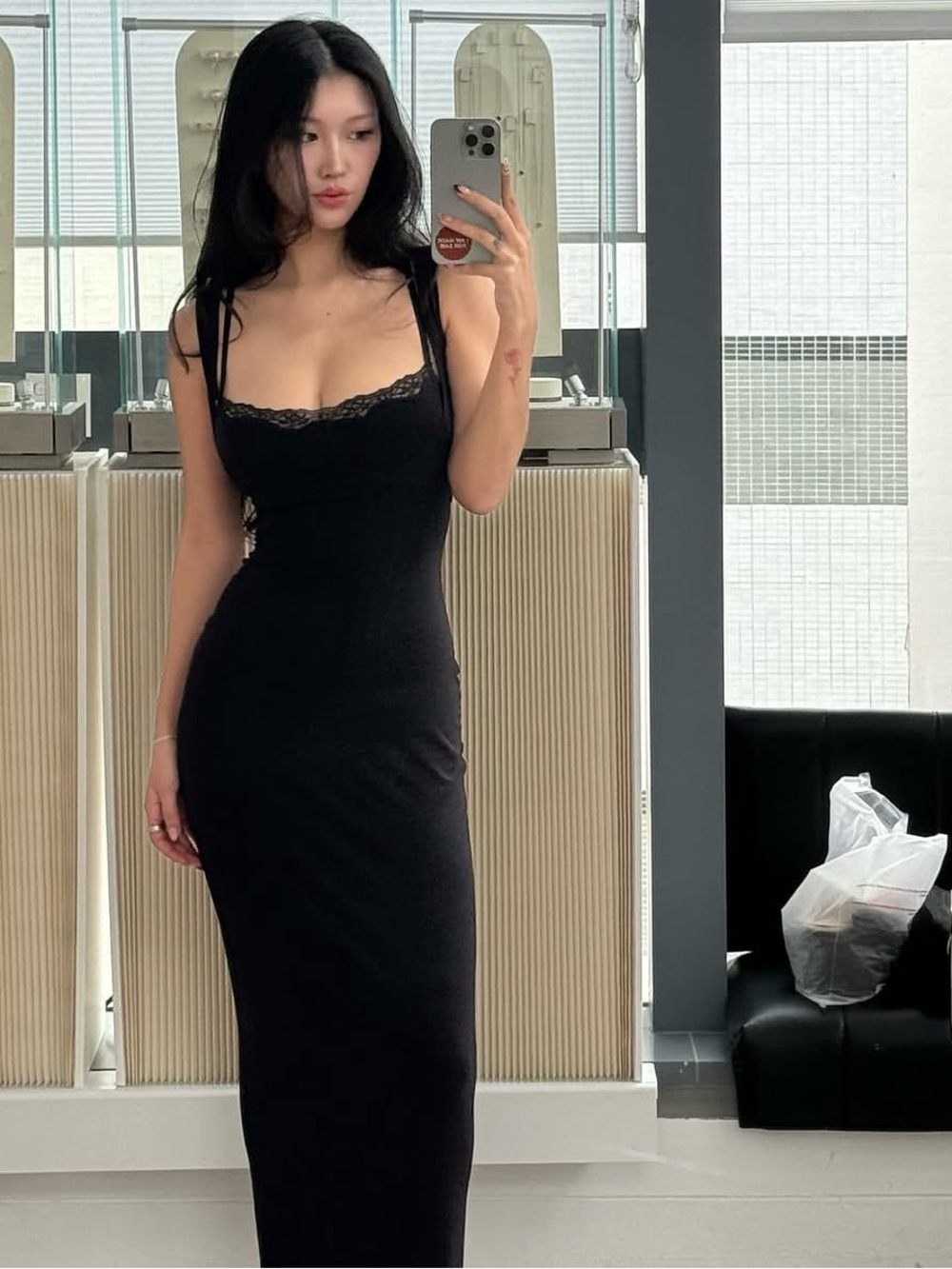 SKIMS Rare Black Maxi Slip Dress with Lace Neckline